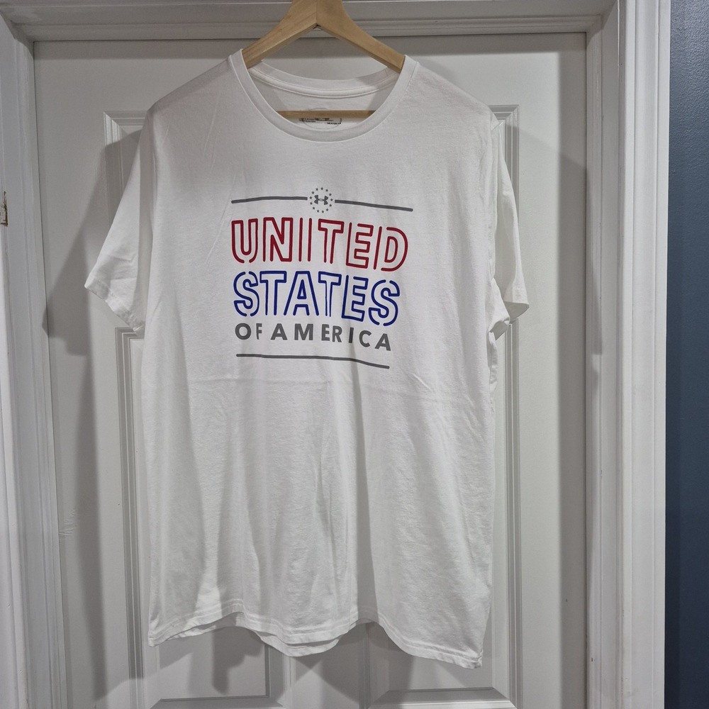 Under Armour Shirt Mens XXL 2XL White Red Blue Patriotic American USA HeatGear